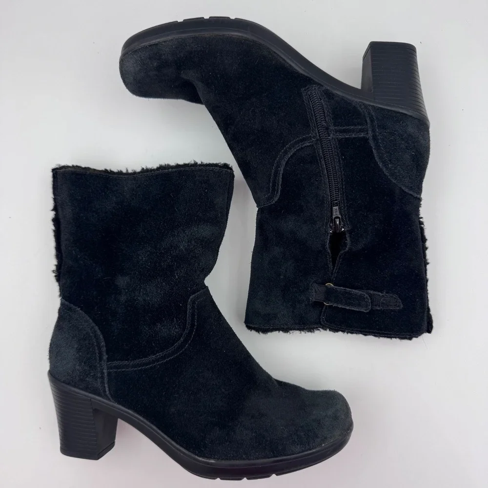 Clarks Womens Black Suede Faux‎ Fur Lined Ankle Boots Block Heel Size 7W 39384